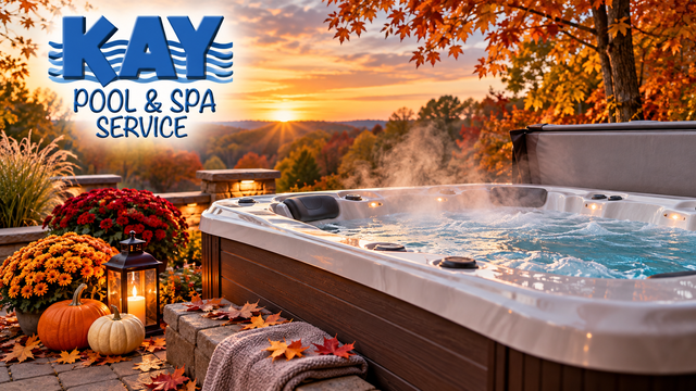 Kay Pool & Spa Service hot tub surrounded by colorful fall foliage, pumpkins, and autumn flowers at sunset